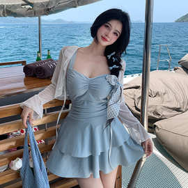 泳衣女2025新款连体裙式罩衫长袖保守显瘦性感纯欲大码胖mm游泳装