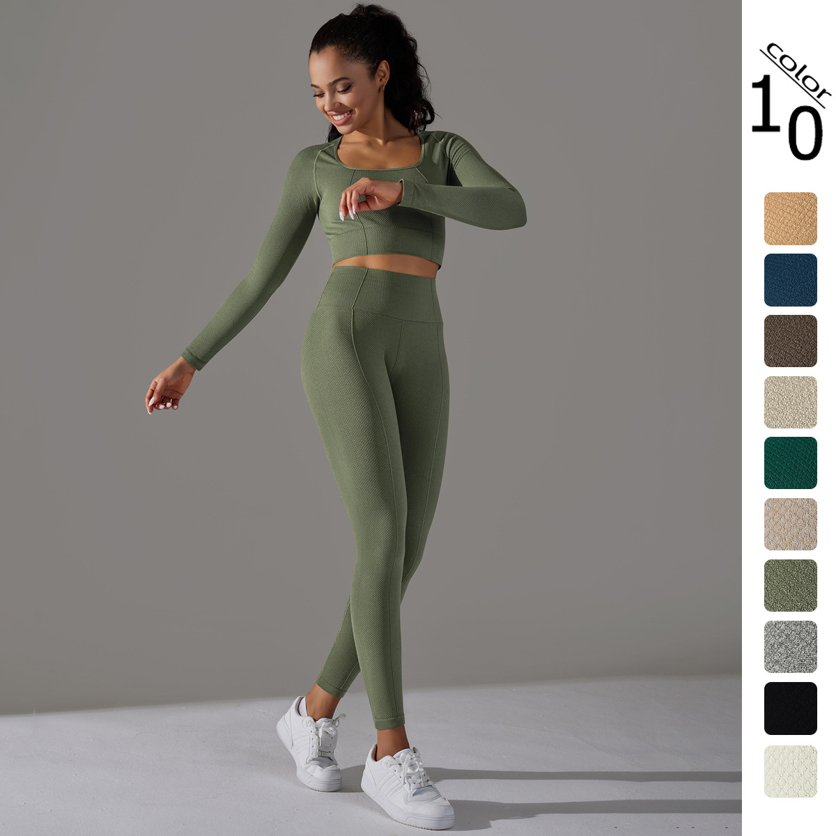 Transfronterizo europeo y americano sin costuras de punto de color sólido Jacquard de corte bajo apretado de manga larga ropa de yoga traje deportivo de fitness traje de dos piezas
