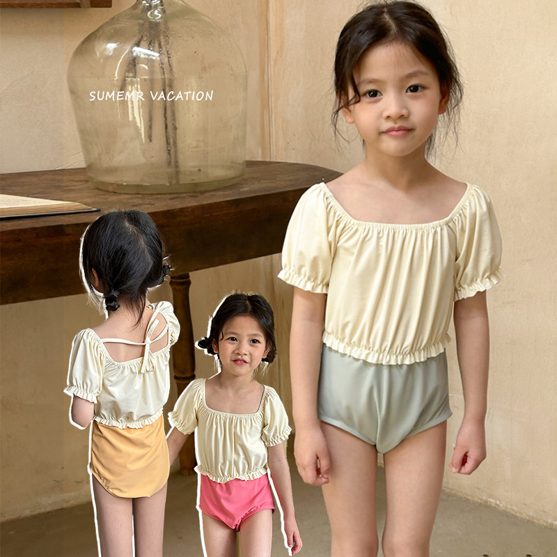 Summer Girls' Korean-style Swimsuit Cute Little Girl Sweet Bubble Sleeve Stylish Quick-drying Swimsuit Hot Spring Vacation