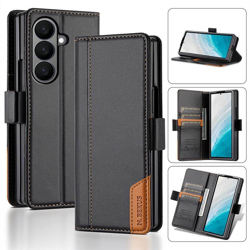 Suitable for Samsung Z Fold6 Magnetic Flip Phone Leather Case Z Fold7 All-Inclusive Splicing Two-Color Card Protective Case