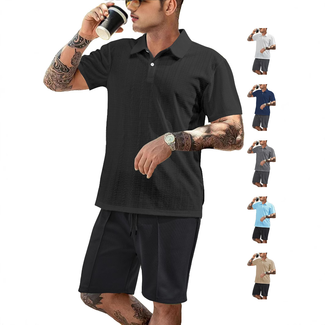 2026 ropa de hombre transfronteriza nueva paleta europea y americana hombre deportivo casual poliéster imitación de cáñamo pequeño conjunto de camiseta de solapa cuadrada