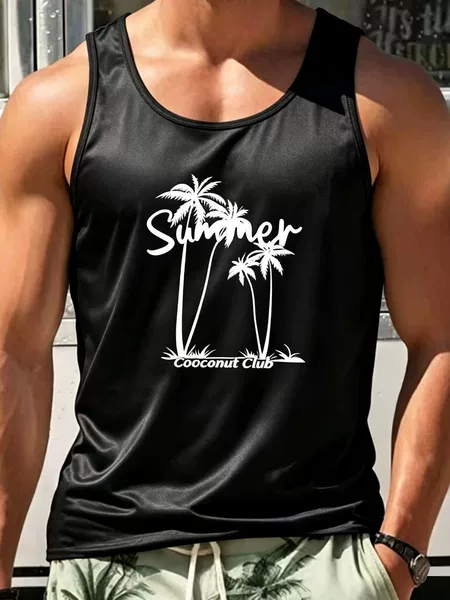 Summer Beach Vacation Men's Quick-Dry Vest with Coconut Tree and Coconut Letter Print, Loose Fit Sports Sleeveless T-Shirt