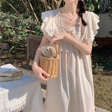 韩国chic女士韩版甜美重工蕾丝蕾丝淑女荷叶边飞袖家居服睡衣长裙