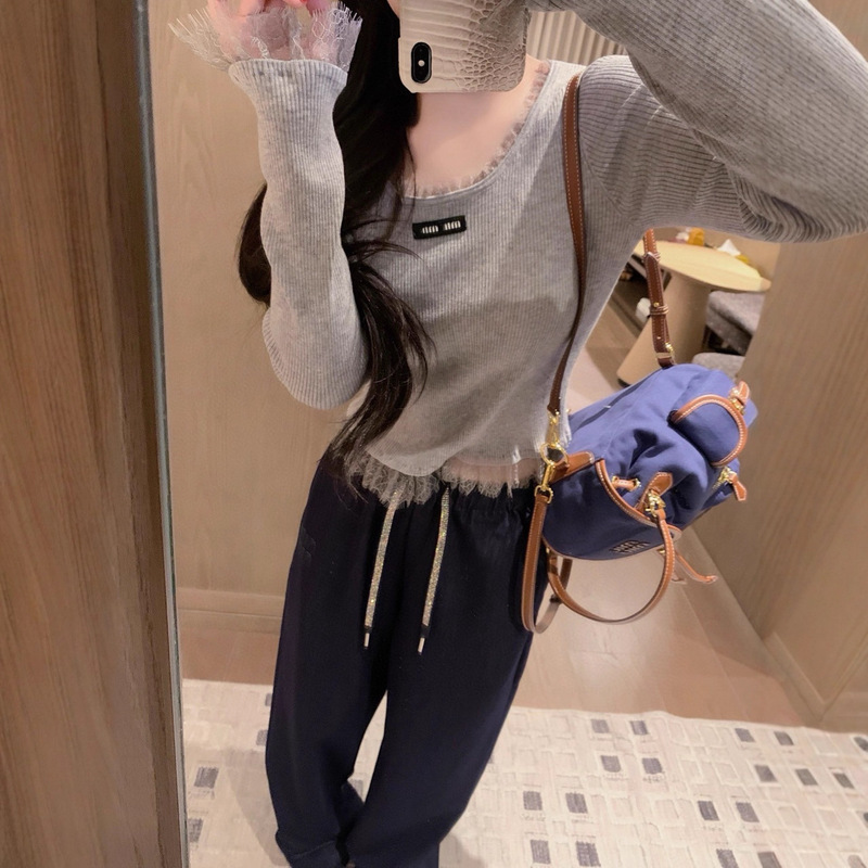 南油韩版纯欲蕾丝边圆领长袖T恤女秋季新款辣妹修身打底上衣女装|undefined