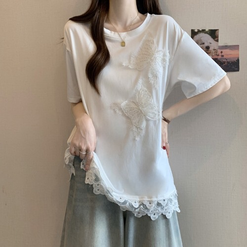 [21 Pieces of Pure Cotton] Three-Dimensional Butterfly Light Blue Right Shoulder Short-Sleeved T-Shirt for Women 2025 Summer Lace Hem Top