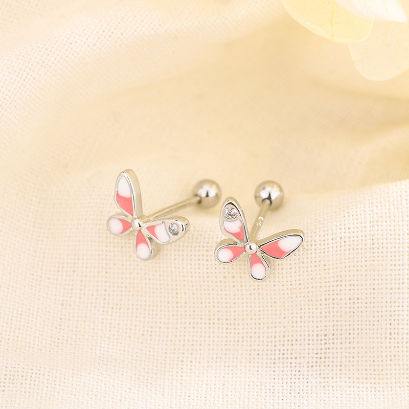淡粉蝴蝶S925耳釘螺絲擰扣甜美少女心耳環小巧睡覺不用摘耳飾
