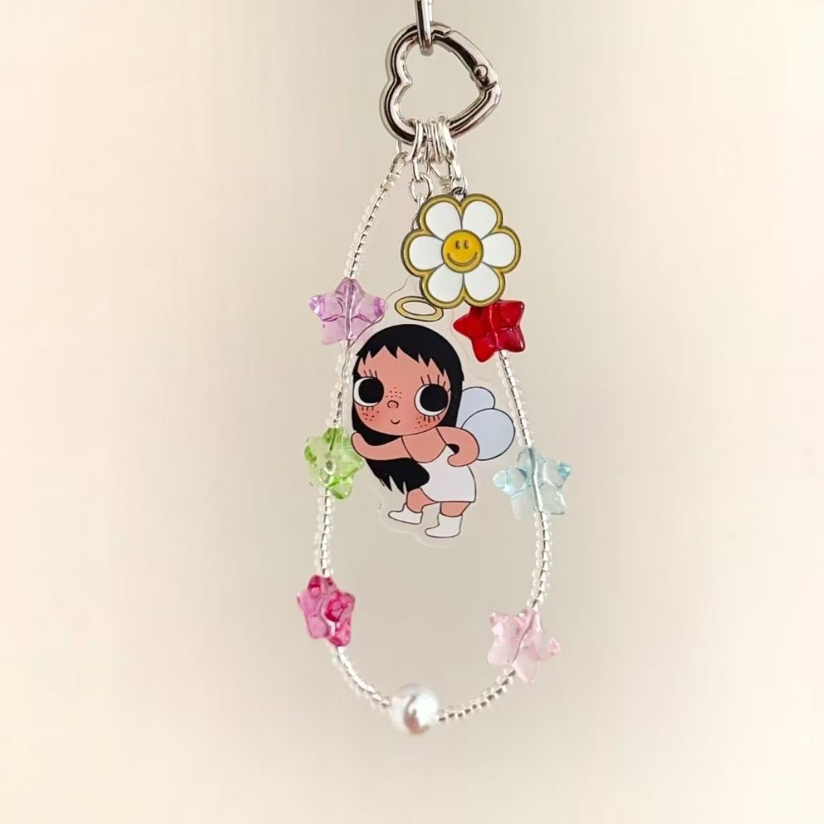 New style cute and cool girl phone charm with colorful star beads, smiley face, and flower design, suitable for phone bags and CCD keychains