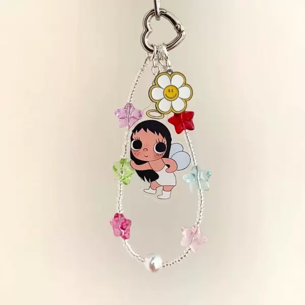 New style cute and cool girl phone charm with colorful star beads, smiley face, and flower design, suitable for phone bags and CCD keychains