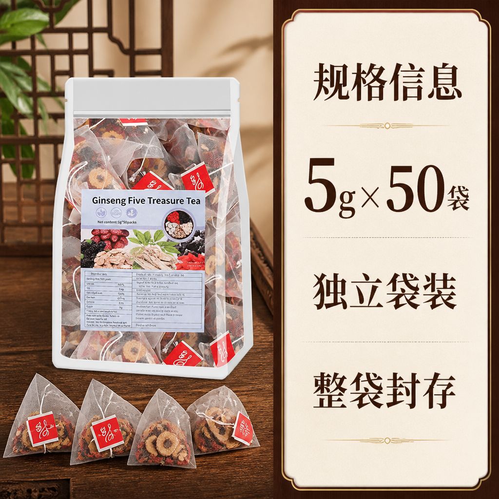 Wu Bao Tea Five Treasure Herbal Tea Bags with Ginseng Goji Mulberry Red Date Maca 250g 10 Individually Wrapped Sachets overview