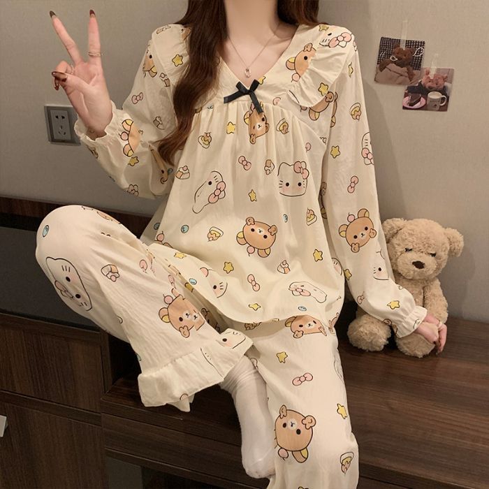 Pijamas de algodón nubes al por mayor transfronterizos de primavera y otoño de mujeres pantalones de manga larga de dos piezas con dibujos animados a rayas coreanas lindos ropa para el hogar