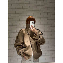 斜立领双排扣下摆收褶美拉德高级感短款风衣女2025秋季新款夹克潮