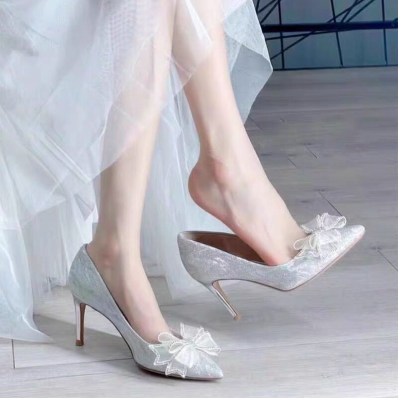 French-Style Champagne-Colored Bridal Wedding Shoes, Winter Crystal High Heels, Women's Thin Heels, New He Xiu Wedding Dress Shoes French-Style Champagne-Colored Bridal Wedding Shoes, Winter Crystal High Heels, Women's Thin Heels, New He Xiu Wedding Dress Shoes