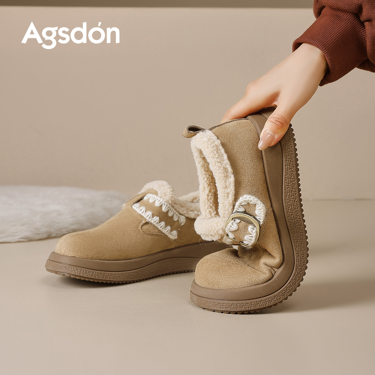 Augu Lion Deng Xiaoping Boccan zapatos de peluche para mujeres 2025 nuevo invierno de suela gruesa de peluche de algodón botas de nieve casuales al aire libre