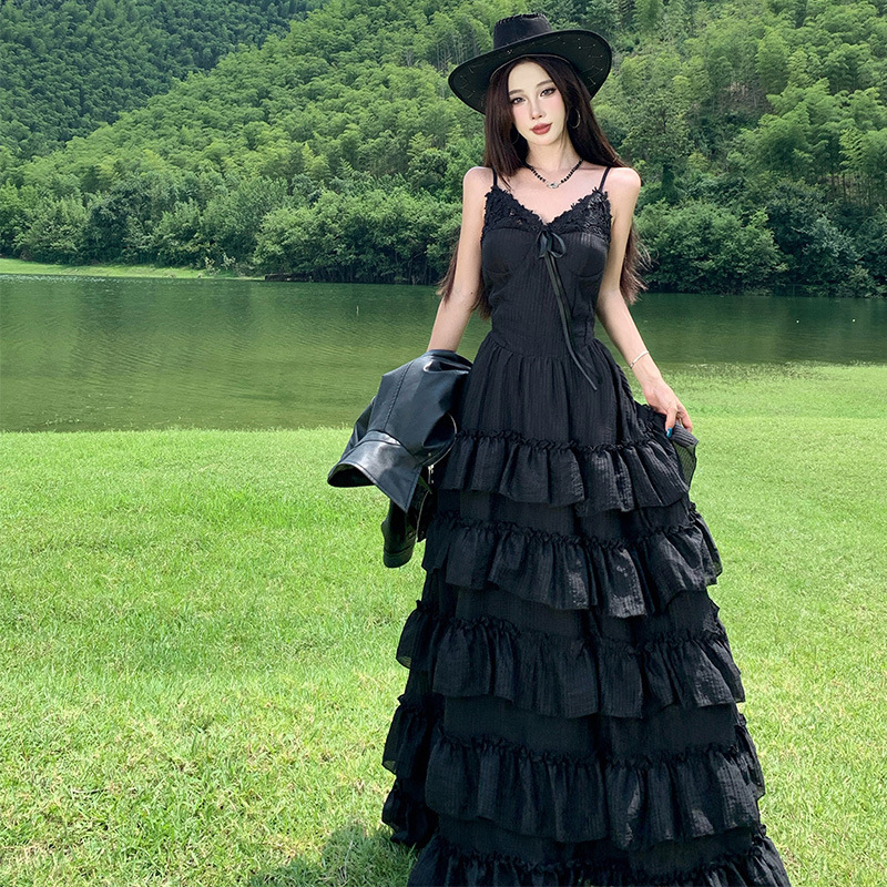 Lace Patchwork V Neck Suspender Dress Cake Long Skirt Annual Party Wear Adult Dress Birthday Date Skirt Lace Patchwork V Neck Suspender Dress Cake Long Skirt Annual Party Wear Adult Dress Birthday Date Skirt