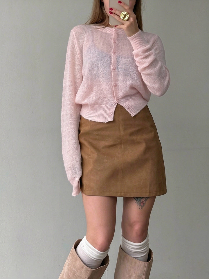 Áo cardigan len nữ dệt kim mỏng cổ tròn dáng rộng phối nút — Vàng nhạt, màu hồng, màu nâu, trắng chi tiết 5