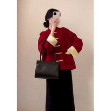 复古新中式国风红色毛呢外套上衣女冬季新款唐装新年红色大衣套装