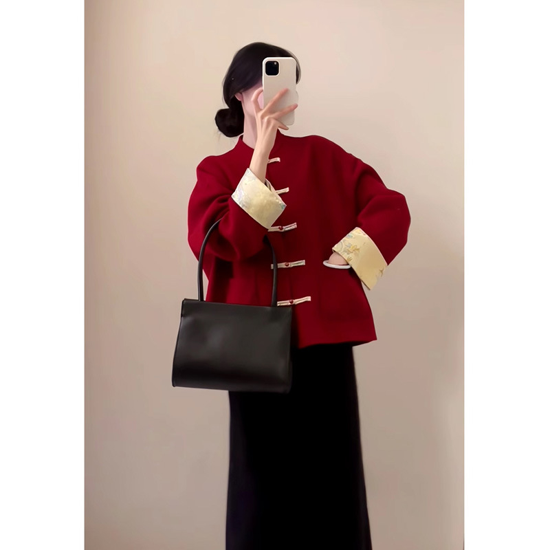 复古新中式国风红色毛呢外套上衣女冬季新款唐装新年红色大衣套装