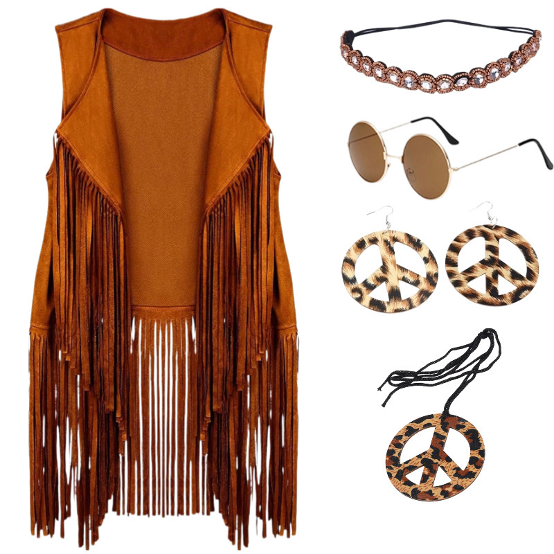 Amazon 60S Women's Hippie Party Costume Six-Piece Halloween Suede Fringe Vest Set Amazon 60S Women's Hippie Party Costume Six-Piece Halloween Suede Fringe Vest Set