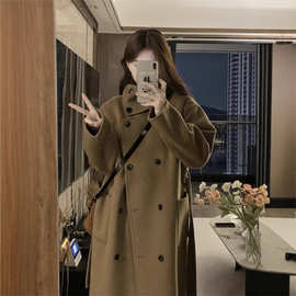韩系双排扣毛呢外套女秋冬2024时尚新款洋气宽松中长款呢子大衣潮