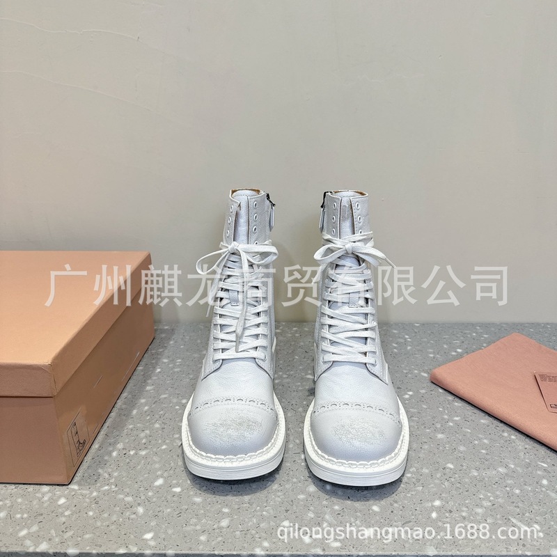 高端品质2025秋冬真皮圆头复古做旧厚底显瘦系带马丁靴骑士靴|undefined