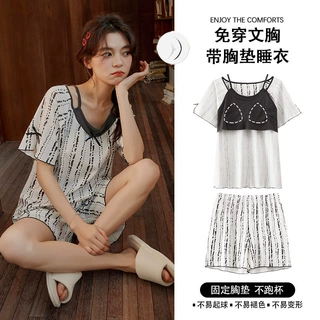 夏季带胸垫女睡衣波点冰丝薄款短袖短裤两件套蝴蝶结设计款家居服