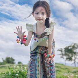 女童套装民族风夏装森系碎花短袖花苞长裤新款多巴胺两件套