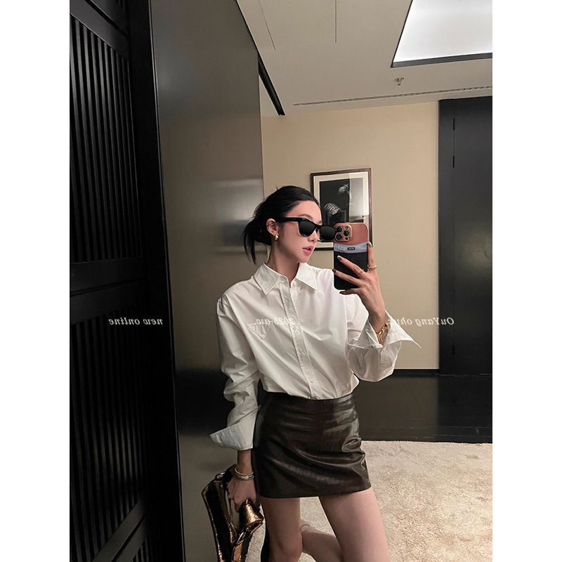 Ouyang Triangle Logo Pure Cotton White Shirt for Women, Winter Design, Niche Loose Long Sleeve Top Ouyang Triangle Logo Pure Cotton White Shirt for Women, Winter Design, Niche Loose Long Sleeve Top