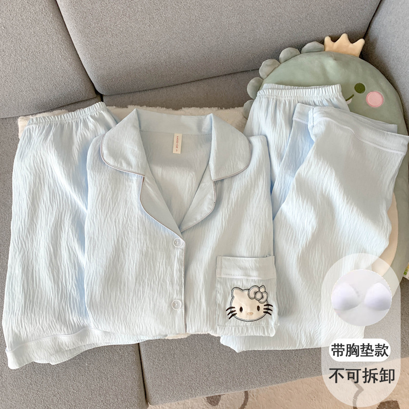 星月彩点带胸垫睡衣女款夏季云朵棉纱短袖长裤休闲家居服三件套装|undefined