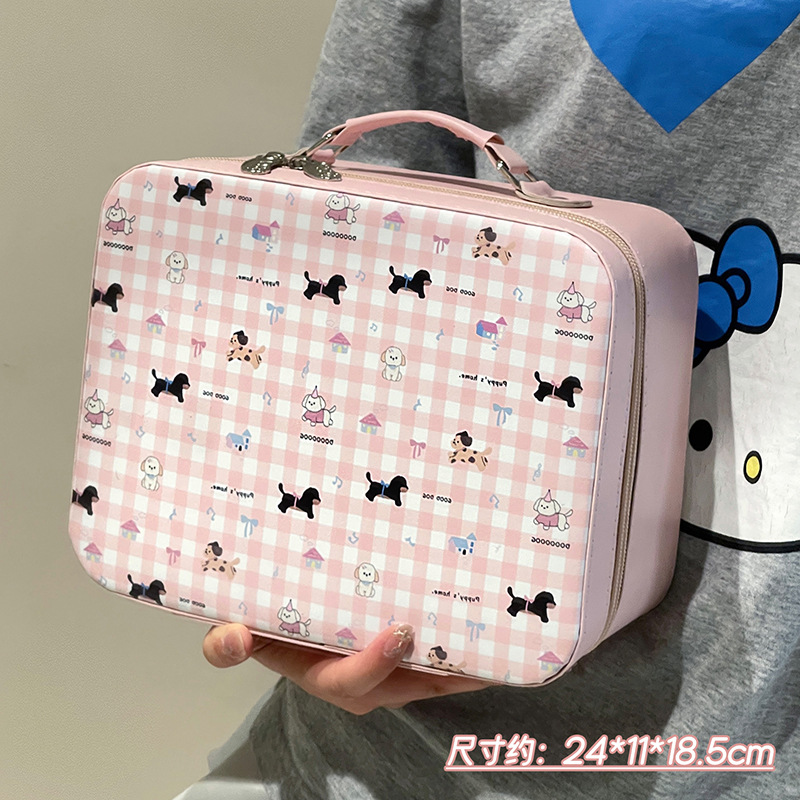 Estuche cosmético con espejo a cuadros rosa