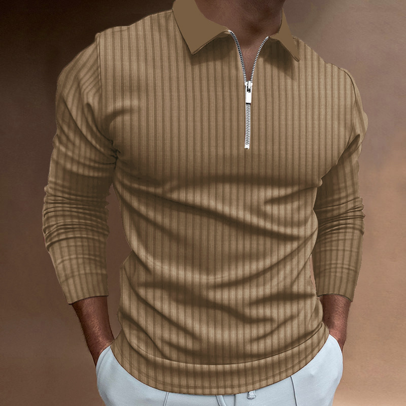 Nuevo transfronterizo de otoño para hombres europeos y estadounidenses deportivo acondicionamiento físico casual de collar vertical elástico tiras verticales con cremallera de manga larga camisa polo