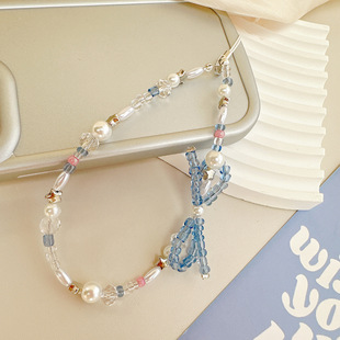 Sweet Light Girl Style Rice Bead Bow Crystal Pearl Mobile Phone Chain Camera Lanyard Headset Anti-lost Chain