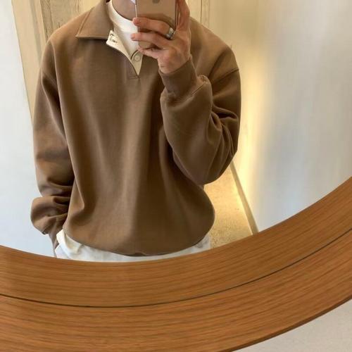 Chic American Retro Style Pure Color Long Sleeve Polo Shirt for Men, Fashionable and Versatile, Loose Half-Button Sweatshirt Trend