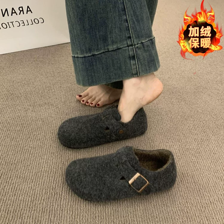 Ретро войлочные Birkenstock для женщин, 2024 новая осень-зима, плюшевые однофутовые ленивые хлопковые мокасины на плоской подошве