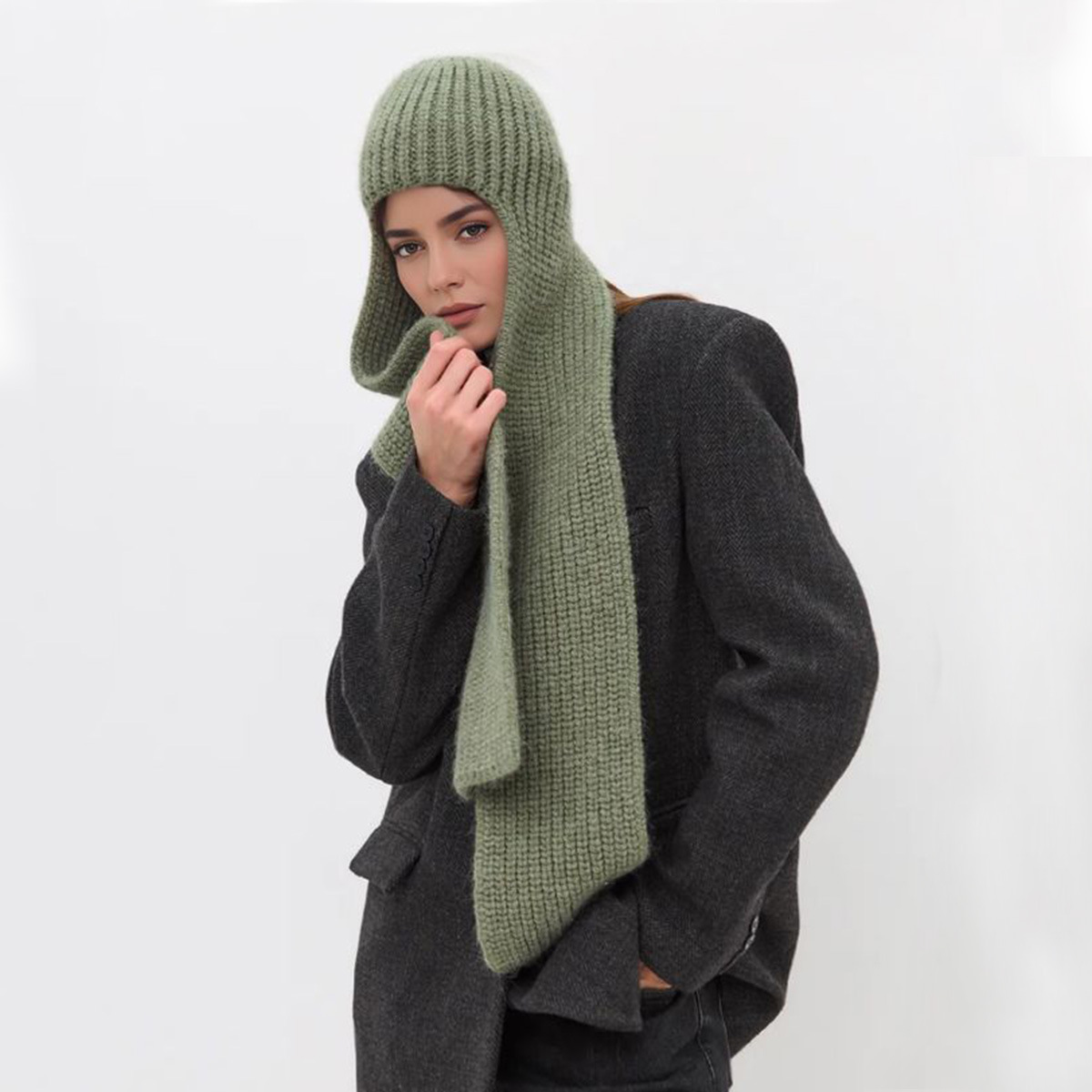 El comercio exterior transfronterizo sensación de atmósfera cálida color sólido de punto bufandas con sombrero bufandas de cuello de una mujer bufandas de lana de otoño y invierno image 15