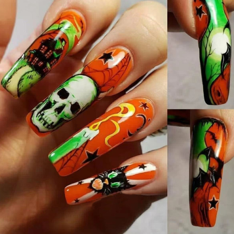 Halloween rectangular manicure nail patch dark green orange skull cat design removable fake nail nail nail piece