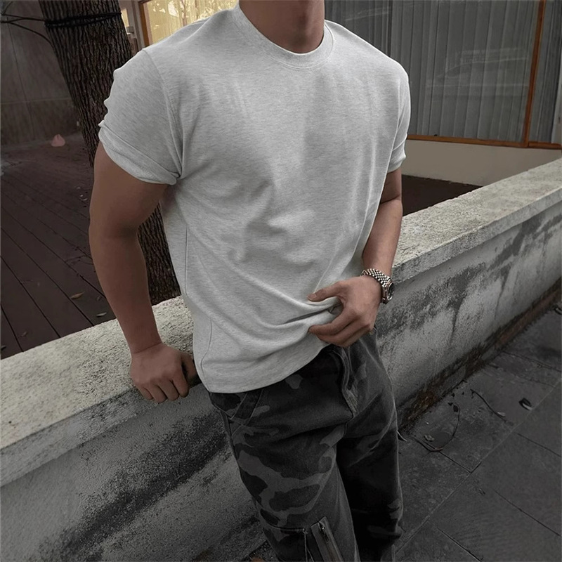 Ice Sports Fitness Solid Color Short-sleeved Heavy Shoulder T-shirt Pure Cotton American Round Neck Thick Display Muscle Summer
