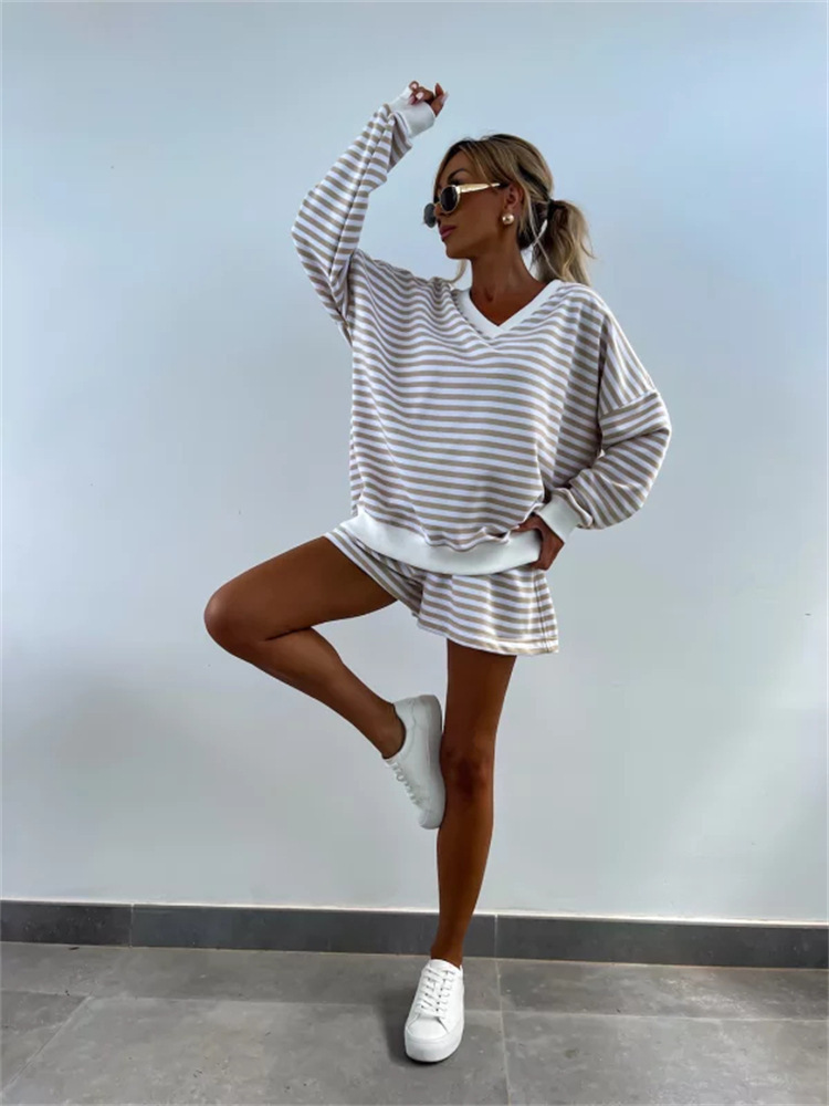 Casual Striped Suit For Women V-neck Long-sleeved Loose Top Paired With Shorts In The Same Color Ladies Spring Summer 2piece Set_voghion.com