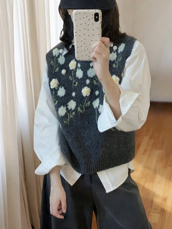 2025早秋新款甜美立体花朵针织衫叠穿马甲背心女长袖衬衫两件套装|undefined