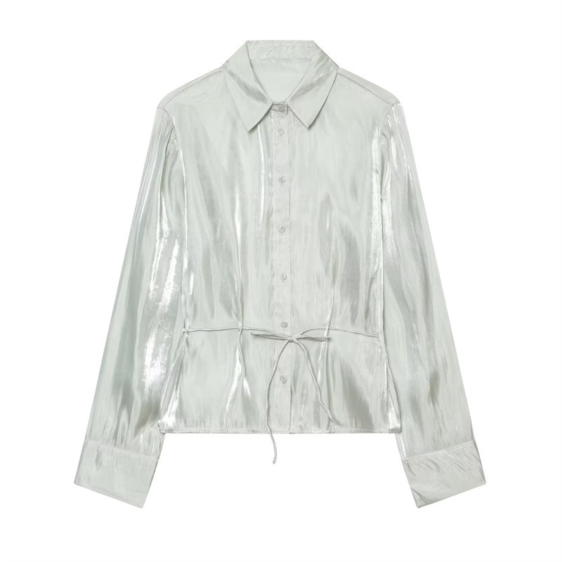Women's Clothing 2026 Spring New European and American Style Long-Sleeve Turn-Down Collar Metallic Effect Shirt with Belt Trendy Blouse Women's Clothing 2026 Spring New European and American Style Long-Sleeve Turn-Down Collar Metallic Effect Shirt with Belt Trendy Blouse