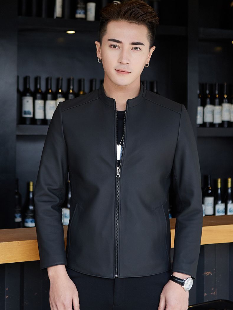 New Haining Leather Men's Vertical Collar Sheepskin Genuine Leather Leather Leather Coat Mat Simple Casual Full Leather