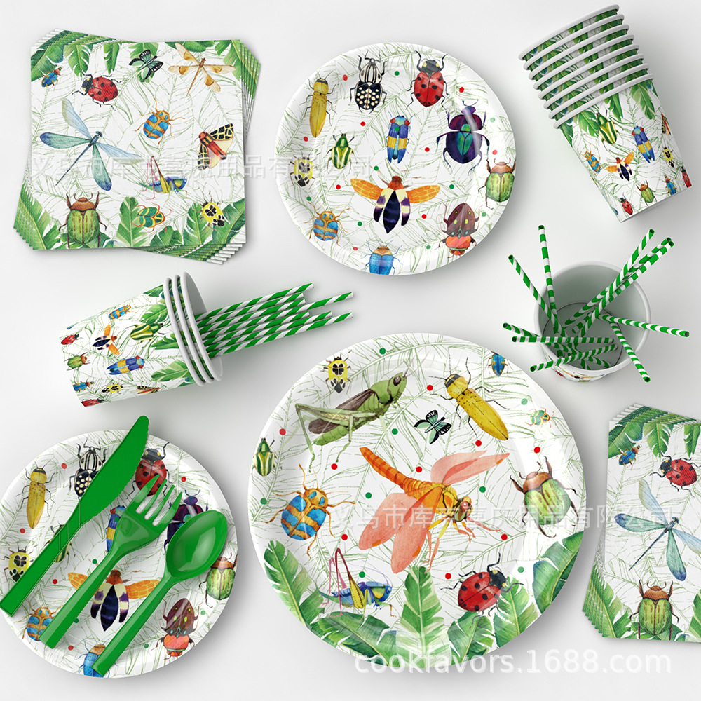 Insectos de primavera transfronterizos artículos de decoración de fiesta de siete estrellas mariposas bandeja de papel bandeja de papel toallas set cubiertos