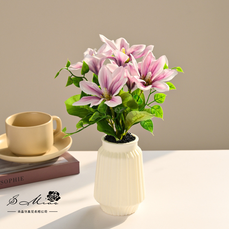 Bonsái de magnolia de cinco cabezas con estampado de seda, flor artificial para decoración del hogar y estudio, planta verde artificial, planta artificial en maceta