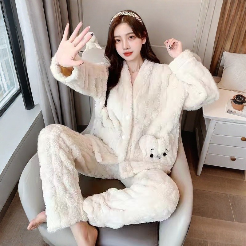 산호 벨벳 파자마 여성의 가을과 겨울 기모 두꺼운 커플 귀여운 외부 착용 새로운 긴팔 홈 세트