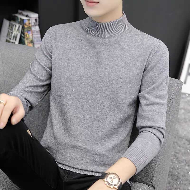 Autumn and Winter Men's Sweater Half-turtleneck Knitted Base Shirt with Trendy Middle Collar Slim-fit Pure Black Sweater for Youth