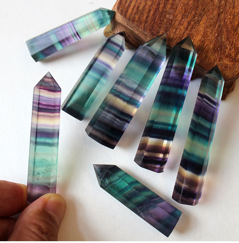 Natural Colorful Fluorite Single Pointed Hexagonal Column Polished Crystal Rough Stone display picture 1