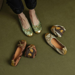 酬賓芭蕾鞋2024春夏復古拼色蝴蝶結國風淺口平底奶奶鞋