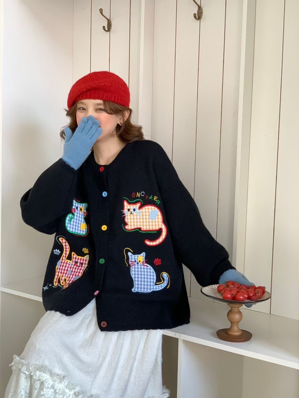 美式贴布猫咪软糯针织开衫毛衣女秋冬宽松韩系慵懒chic奶fufu外套|undefined