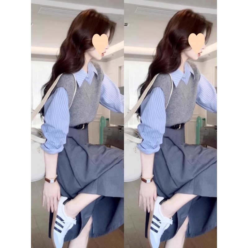 2025早秋新款套装女小众轻奢马甲修身衬衫高腰显瘦半身裙三件套潮|undefined