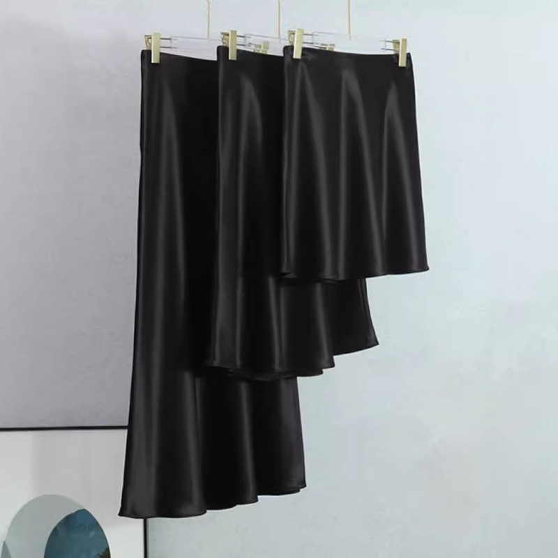 Black Acetate Skirt for Women, Short to Mid-Length, Petite Satin Fishtail A-Line Umbrella Skirt with Elastic Waist, Little Black Skirt for Summer