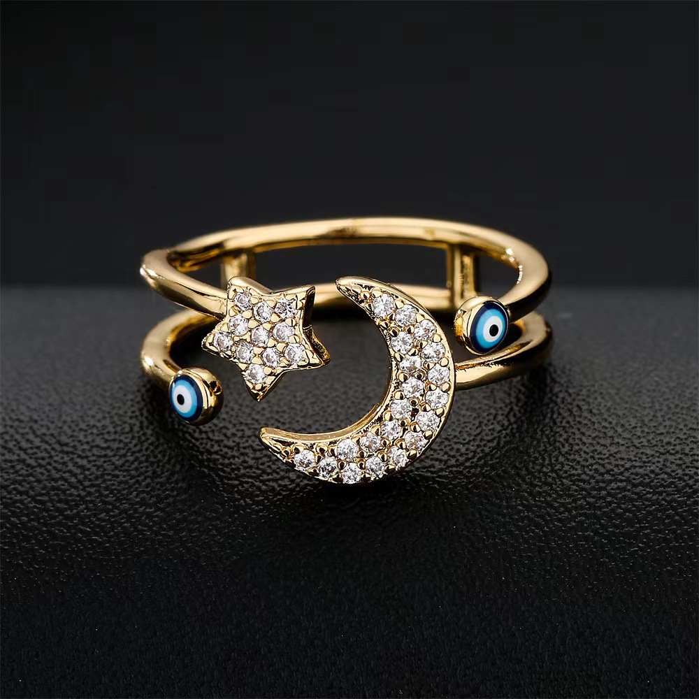 Retro Cool Style Devil's Eye Star Moon Copper Plating Inlay Zircon Open Ring display picture 4